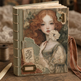 Romantische Rotschöpfin mit Elfenblumen-Decoupage Seidenpapier