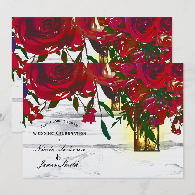 Romantische Rotwasserfarben-Rose & Laternenhochzei Einladung (Vorne/Hinten)