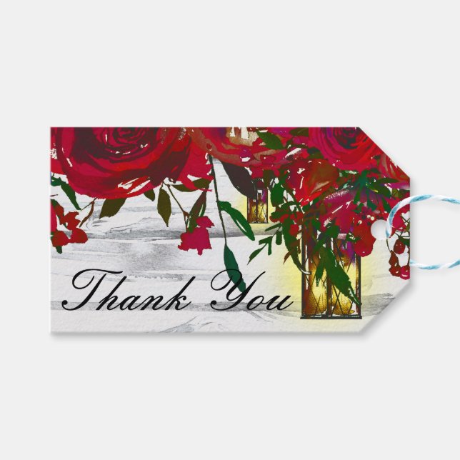 Romantische Rotwasserfarben-Rose & Laternenhochzei Geschenkanhänger (Vorderseite (Horizontal))