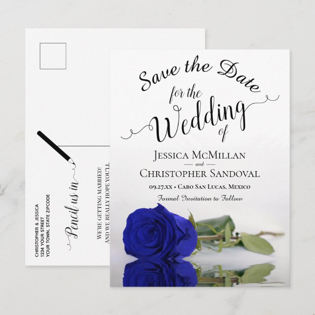 Romantische Royal Blue Rose Wedding Save the Date Ankündigungspostkarte (Vorne/Hinten)