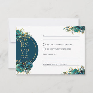 Romantische RSVP türkisfarbene Blumen mit goldenen Karte