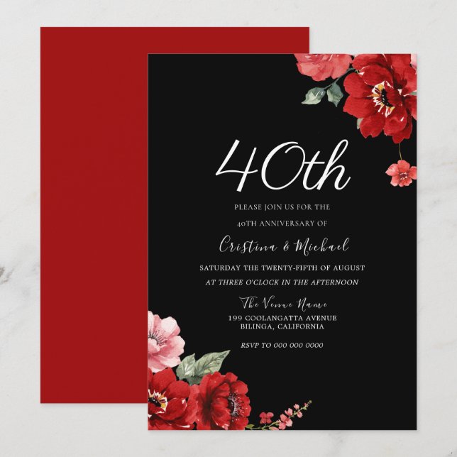 Romantische Ruby Red & Black Floral 40 Jahre alt Einladung (Vorne/Hinten)