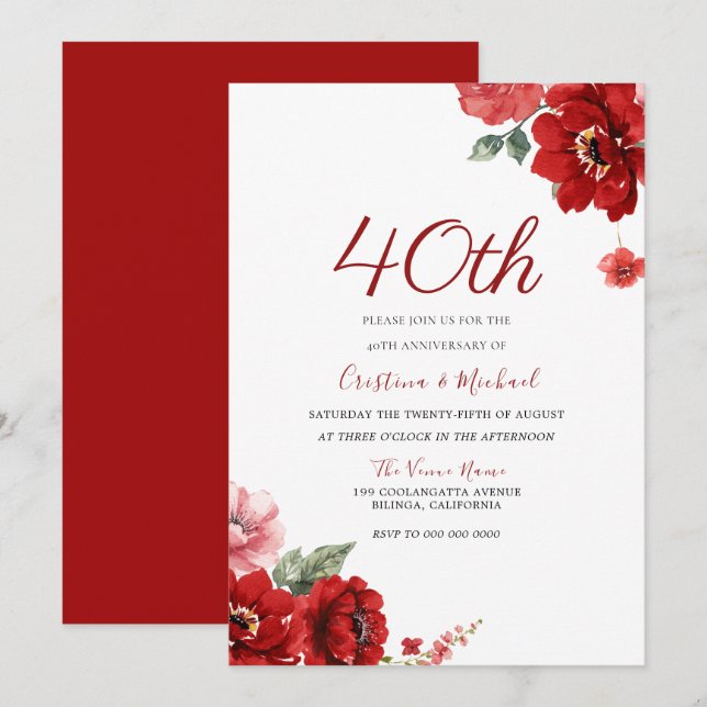 Romantische Ruby Red Floral 40 Jahre Jubiläum Einladung (Vorne/Hinten)