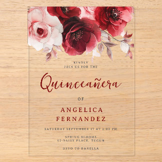 Romantische Ruby Rote Rose Quinceanera Party Acryleinladungen