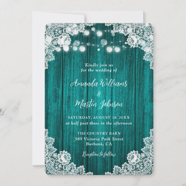Romantische Rustikale Aquamarine Holzlace Hochzeit Einladung (Vorderseite)