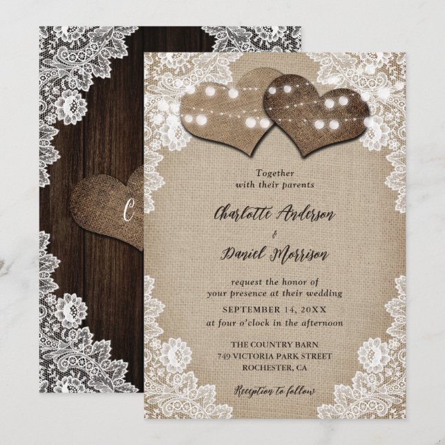 Romantische rustikale Country-Chic Burlap-Hochzeit Einladung (Vorne/Hinten)