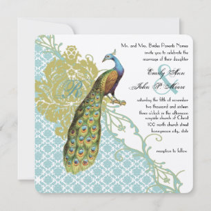 Romantische Rustikale Mint Peacock Damask Hochzeit Einladung