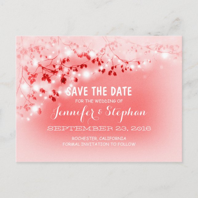 Romantische Saitenleuchten pink Save the Date Post Ankündigungspostkarte (Vorderseite)