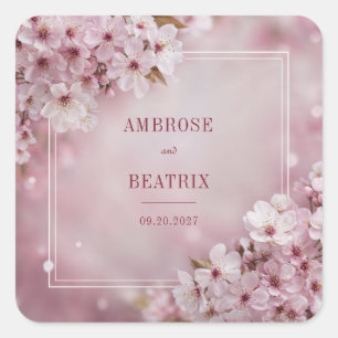 Romantische Sakura Blossom Hochzeitsticker Quadratischer Aufkleber