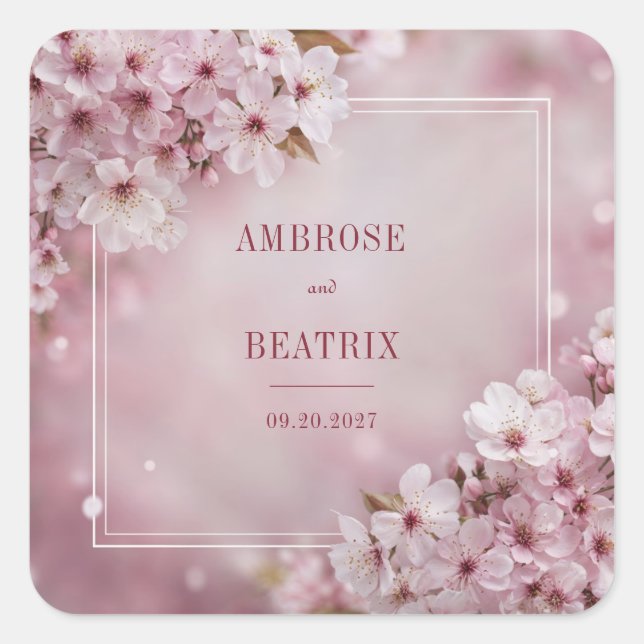 Romantische Sakura Blossom Hochzeitsticker Quadratischer Aufkleber (Vorderseite)
