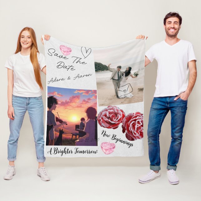 Romantische Save-The-Date-Hochzeitscollage Fleecedecke (Beispiel)