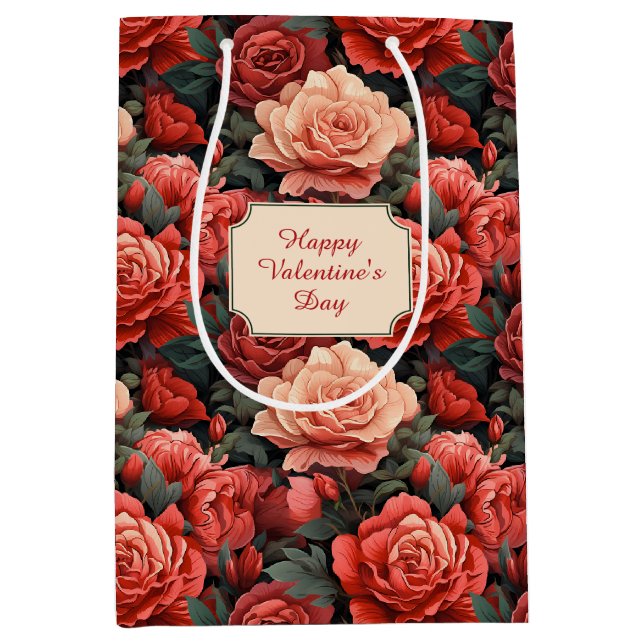 Romantische Schatten der Rose Rot und Lachs Mittlere Geschenktüte (Vorderseite)