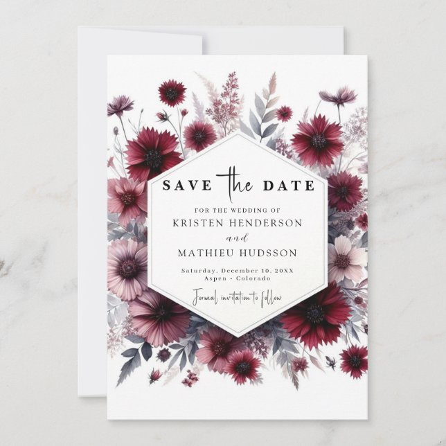 Romantische schöne Burgundy Wedding Save The Date (Vorderseite)