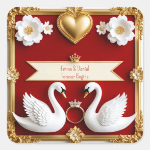 🌹 Romantische Schwan-Hochzeit mit rotem Goldrahme Quadratischer Aufkleber