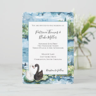 Romantische Schwäne Blaue Seerosen Hochzeit Einladung