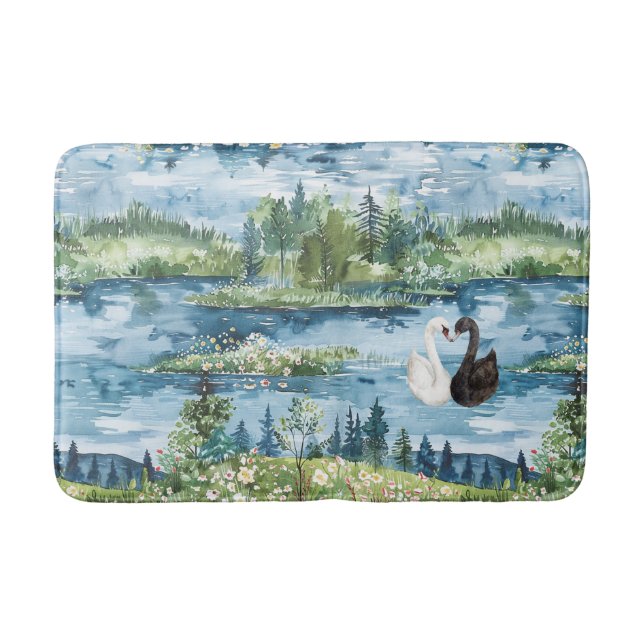 Romantische Schwäne Blauer See   Badematte (Vorderseite)