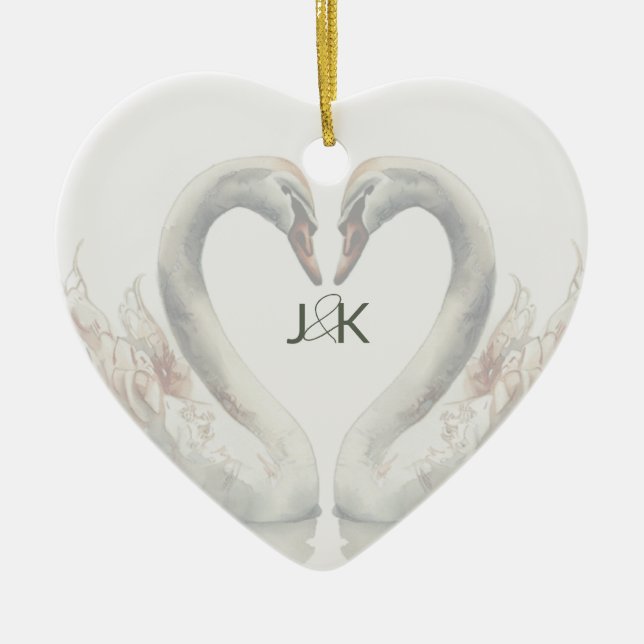 Romantische Schwäne Hochzeitspaare Monogram Keramik Ornament (Vorne)