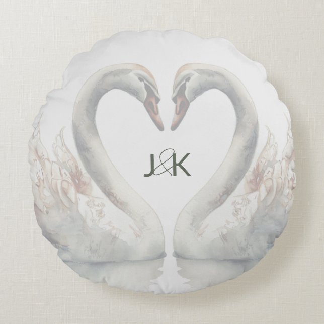 Romantische Schwäne Hochzeitspaare Monogram Rundes Kissen (Vorderseite)