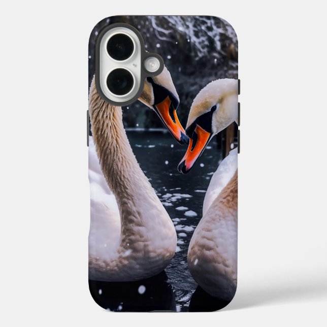 Romantische Schwäne im Winterwunderland iPhone 16 Hülle (Rückseite)