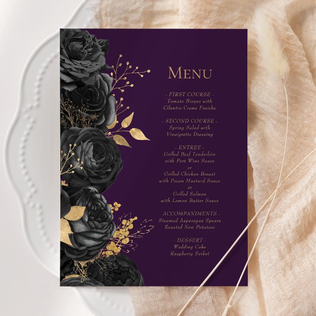 Romantische Schwarz-Gold-Hochzeit mit Lila Flora Menükarte (Von Creator hochgeladen)