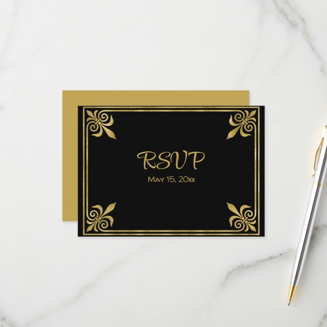 Romantische Schwarz-Gold-Rahmen RSVP Karte (Vorderseite/Rückseite Beispiel)