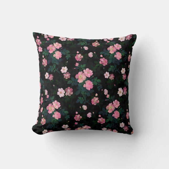 Romantische Schwarz Rosa Rosen Blumenmalerei Kissen (Vorderseite)
