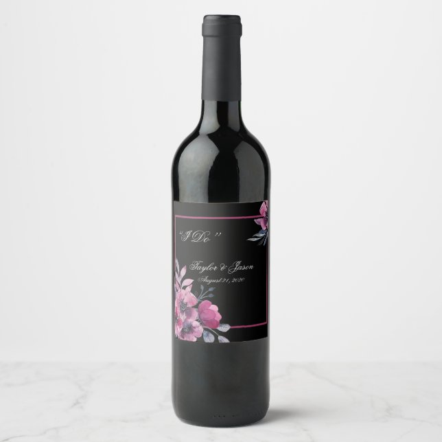 Romantische Schwarz-Rosa-Schrift Hochzeit Weinetikett (Vorderseite)