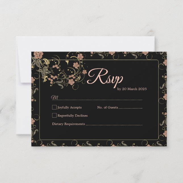 Romantische Schwarz-Tee-Rosa-Hochzeitskarte RSVP Karte (Vorderseite)