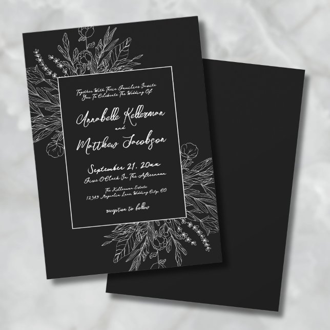 Romantische Schwarz-weiße Botanische Hochzeit Einladung (Romantic Black White Botanical Elegant Wedding Invitation)