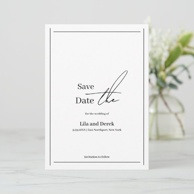 Romantische Schwarz-weiße Grenzschrift Save The Date (Stehend Vorderseite)