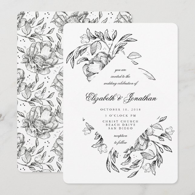 Romantische Schwarze Flora Hochzeit Einladung (Vorne/Hinten)