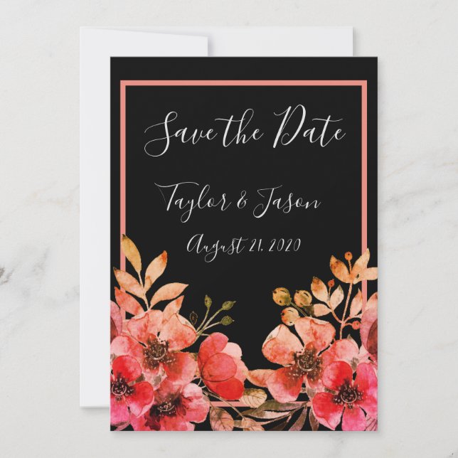 Romantische Schwarze Pfirsichkoralle - Blumenschri Save The Date (Vorderseite)