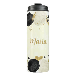 Romantische schwarze und weiße Blumen Gold Thermosbecher