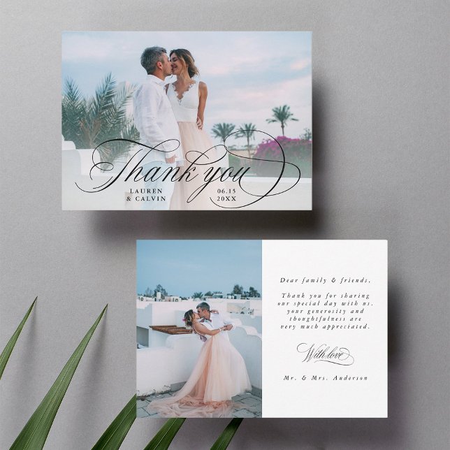Romantische Schwarzkalligraphie 2 Foto Hochzeit Dankeskarte (Front & Back)