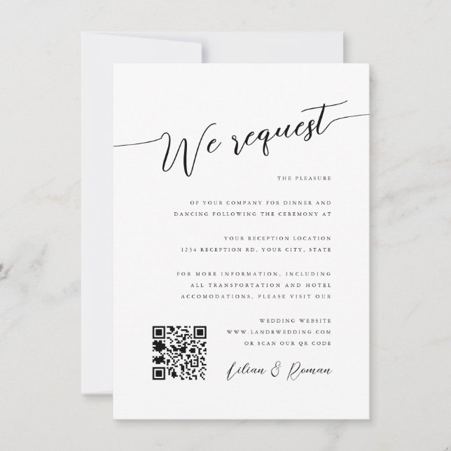 Romantische Script Black & White Hochzeitsempfehlu Einladung (Vorderseite)