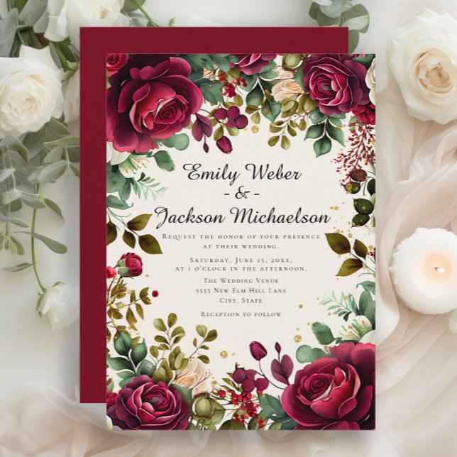 Romantische Script Burgundy Floral Wedding Einladung (Burgundy / red roses and greenery wedding invitation)