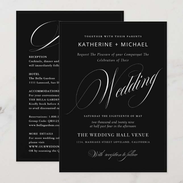Romantische Script Calligraphy&Details QRcode Wedd Einladung (Vorne/Hinten)
