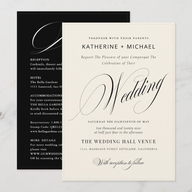 Romantische Script Calligraphy&Details QRcode Wedd Einladung (Vorne/Hinten)
