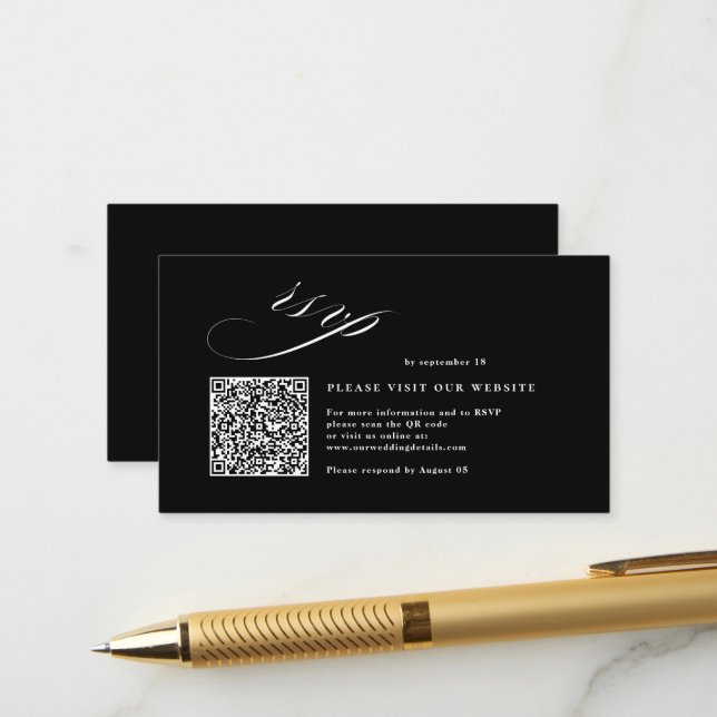 Romantische Script Calligraphy QR Code Wedding RSV Begleitkarte (Vorderseite/Rückseite Beispiel)