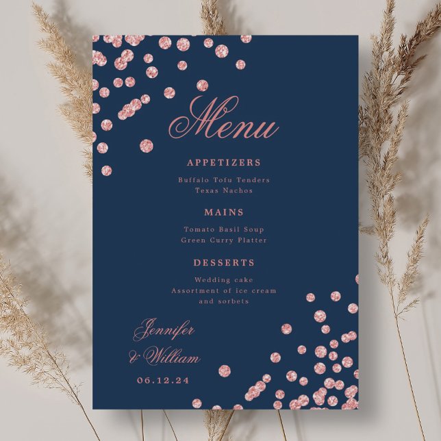 Romantische Script Wedding Confetti Rose Gold Navy Menükarte (Romantic Script Wedding Confetti Rose Gold Navy Menu)