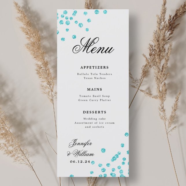 Romantische Script Wedding Confetti Türkis Menükarte (Romantic Script Wedding Confetti Turquoise Menu)