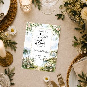 Romantische Seeblick-Garten-Eleganz-Hochzeit Save The Date