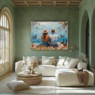 Romantische Seenlandschaft mit Enten und Paaren Poster