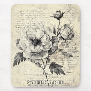 Romantische Sepia-Blumen Vintage-Papier Mousepad