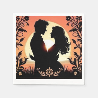 Romantische Silhouette: Lovers' Moonlit Embrace Serviette