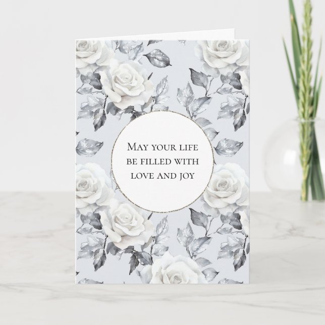 Romantische Silver White Roses Blumenhochzeit Karte (Vorderseite)