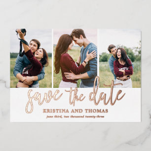 Romantische Skript 3 Foto-Collage Save-the-Date Folieneinladung