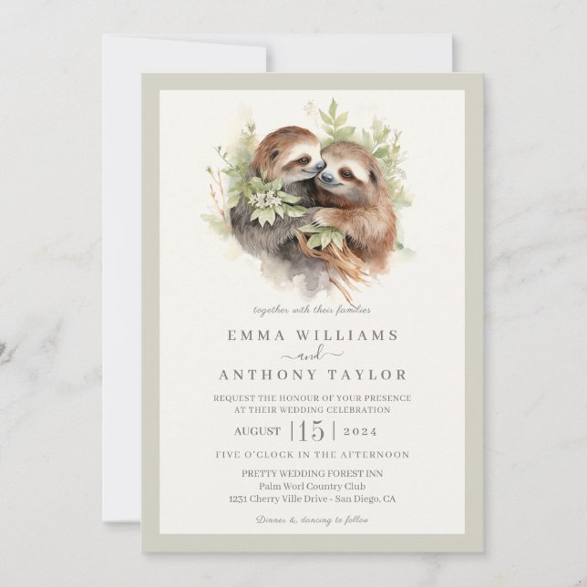 Romantische Sloth Couple Wedding Einladung (Vorderseite)