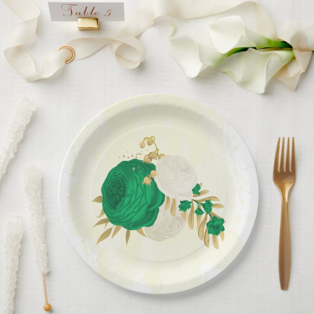 Romantische Smaragdgrün-weiße Blume Gold Pappteller (Hochzeit)