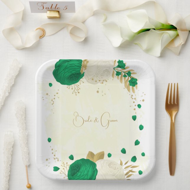 Romantische Smaragdgrün-weiße Blume Gold Pappteller (Hochzeit)